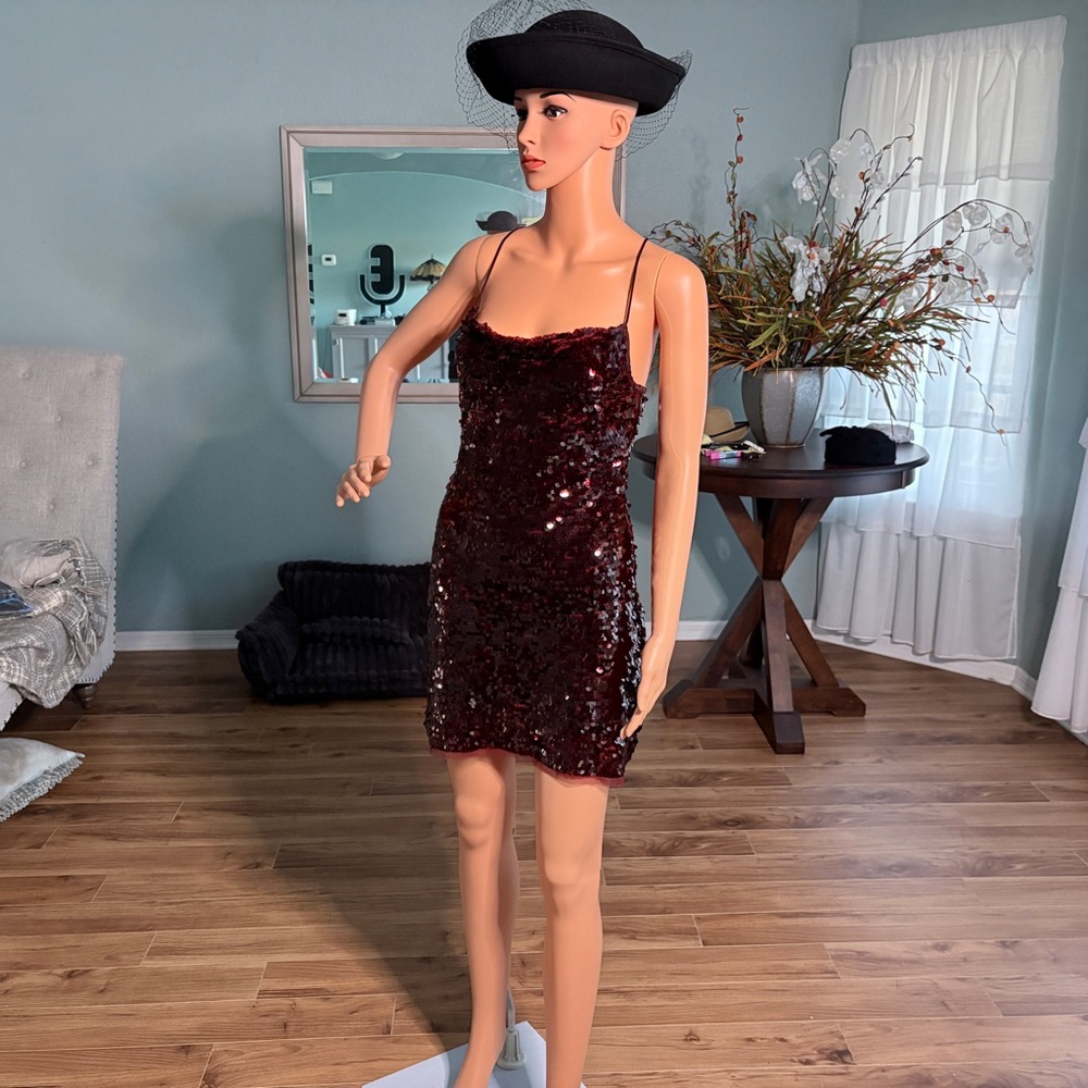 Burgundy Sequin Mini Dress - Sparkle Cocktail Party Dress |Size XXS - Picture 5 of 9